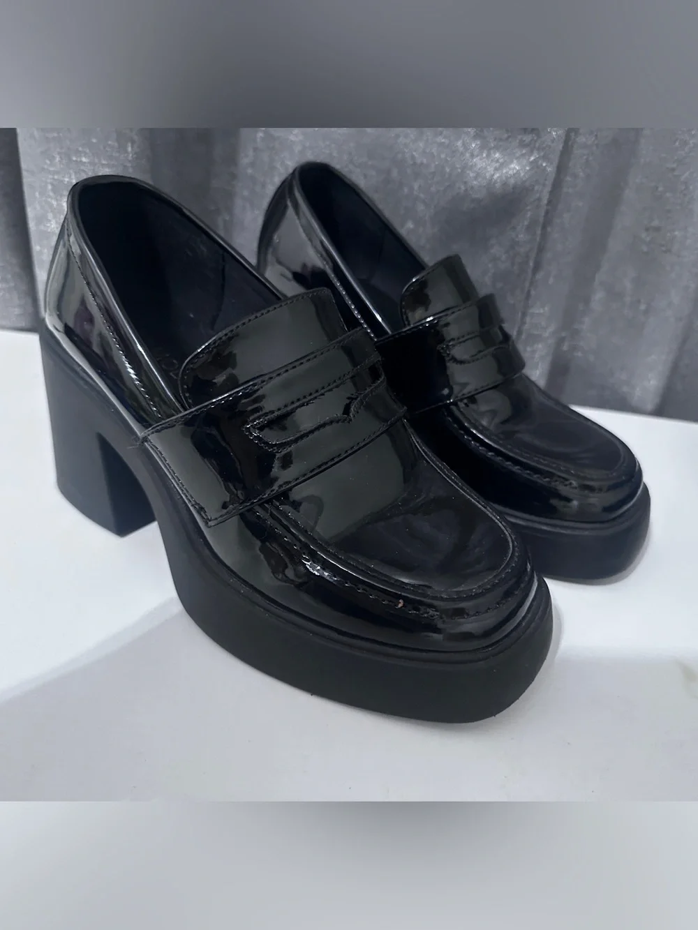 Women's Black Patent Platform Heeled Loafers⚡️🎸